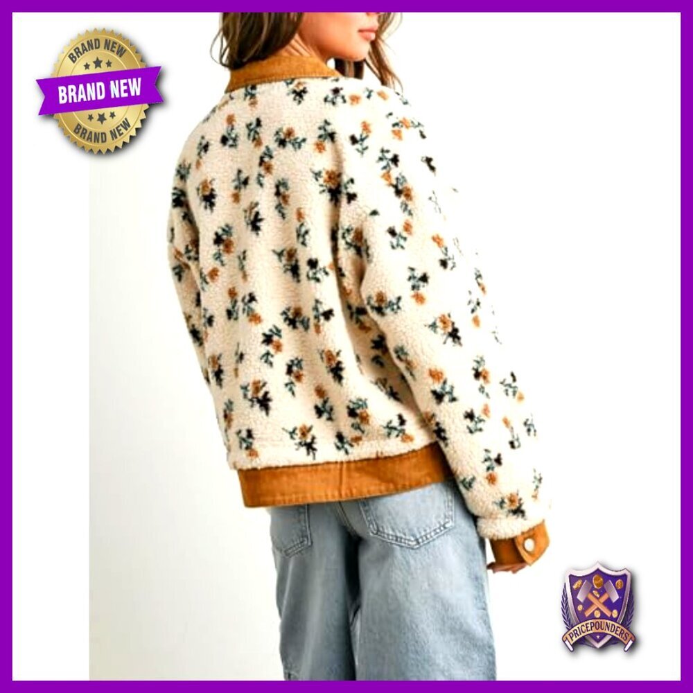 Oversized Sherpa Fleece Jacket Denim Collar Floral Print Button Front Pockets - Picture 7 of 7